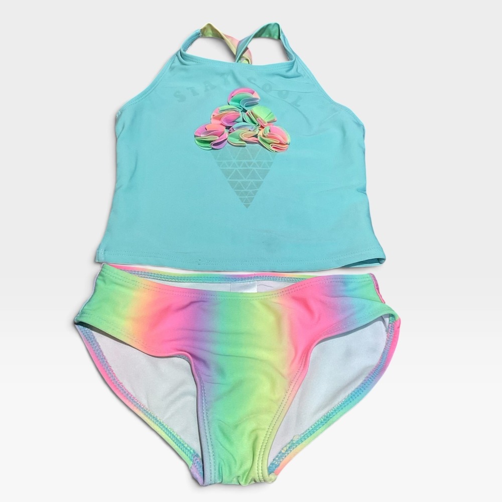 Cat & Jack Tankini Swimsuit Girls S 6/6X Blue Rainbow Excellent Ice Cream Ruffle